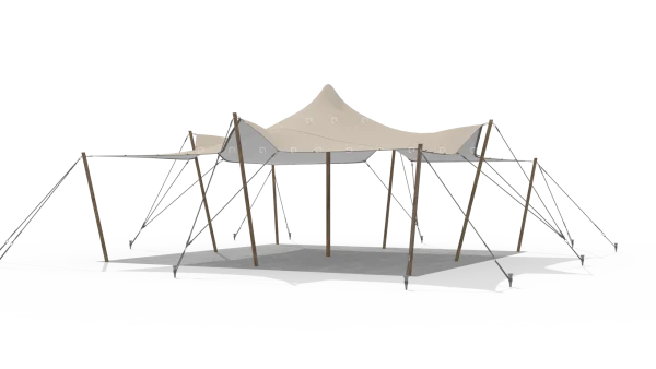 Stretch tent 5x6 zandkleur met houten palen